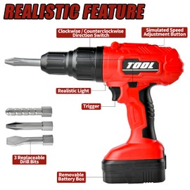 Toy Choi's Toy Drill Electric Kid Drill Set Pretend Play Drill Toy, Kids Creativity Drill Screw Set, Construction Kids Tool Set Outdoor Preschool Gardening Lawn Toy Gift for Boy and Girl (Red)
