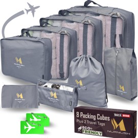 Murmush Eco Packing Cubes for Suitcases 8 PCS + 2 Tags, YKK Zips Suitcase Organiser Bags, Labelled Packing Cubes for Backpack, Ox Fabric Travel Organiser Packing Bags, Travel Cubes for Suitcases Grey