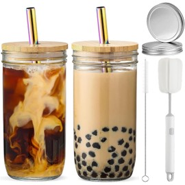ASANMEYO 2 Pcs 24 oz Glass Cups With Bamboo Lids and Straws & 2 Airtight Lids, Reusable Smoothie Cups Mason Jar Drinking Glasses Iced Coffee Cups Glass Tumbler for Bubble Tea, Juice, Gift