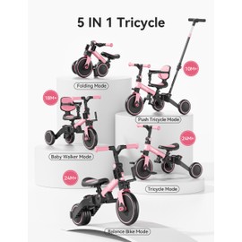 besrey Toddler Bike with Parent Steering Push Handle for 1-3 Years Old Girls and Boys, Foldable Kids Push Tricycle, Toddler Trike with Removable Pedals, Height Adjustable Seat