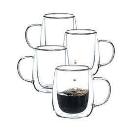 Wlasss Double Walled Glass Coffee Mugs Set of 4, 7.4 Oz Hand Blown Insulated Glass Coffee Cups with Handle, Clear Coffee Mugs for Cappuccino, Latte, Americano, Tea Bag, Hot/Cold Beverage