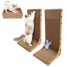 Goosheep Cat Scratching Post, 3-in1 Scratching Board for Indoor Cats, 2PK 22in L-Shaped Cat Scratcher with 1PK Cardboard Box Scratch Pad, Cats Scratch Furniture Protector with Feathered Toy