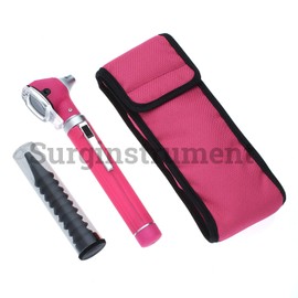 Fiber Optic Mini Otoscope Rainbow Many Colors - Pocket Otoscope with Case ENT Diagnostic Set w/Extra Bulb Included (Pink)