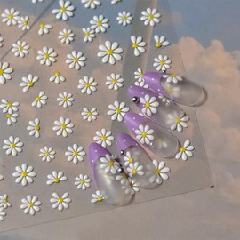 Flower Nail Stickers Self-Adhesive 5D Embossed Jelly Sliders Floral Petals Nail Art Stickers Decals Spring Summer White Daisy Floral Nail Design Stickers for Women Girls Manicure Decoration 1 Sheet