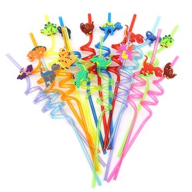 GOIYZTTR Pack of 16 Children's Novelty Dinosaur Straws, Reusable Straws, Plastic, Suitable for Children's Birthday Party Decorations