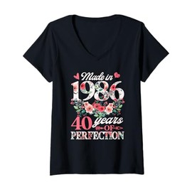 Womens Made In 1986 Floral 40th Birthday Gifts 40 Years Old Women V-Neck T-Shirt
