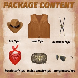 Amycute Cowboy Costume for Men, Adult Cowboy Fancy Dress Outfit with Hat, Neckerchief, Waistcoat, Belts Buckle, Cowboys and Indians Fancy Dress, Adult Wild West Dress Up Costumes