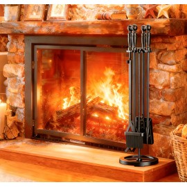 Fire Beauty Fireplace Tools Set 5 Pieces Wrought Iron Fire Place Pit Poker Holder 31" H (Black)
