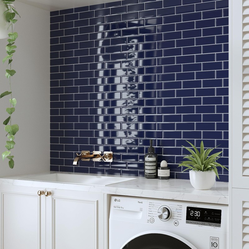 VaryPaper 10 Sheets Navy Blue Subway Tile Peel and Stick
