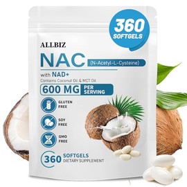 ALLBIZ NAC 600 mg con aceite NAD+ y MCT, 360 cápsulas blandas para mujeres y hombres - Suplemento de N-acetil cisteína con aceite de coco para apoyo a