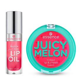 essence - Pack Bálsamo Tinte Labios & Mejillas Juicy Melon (3g) + Aceite Labial Hydra Kiss Pink Champagne (4ml), Hidratación, Color y Brillo