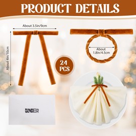 Gandeer 24 Set Velvet Napkin Rings Bow Napkin Holders for Table Settings Festive Gift Serviette Holder Rings Bow for Wedding Baby Shower Brithday Party Table Decorations(Brown)