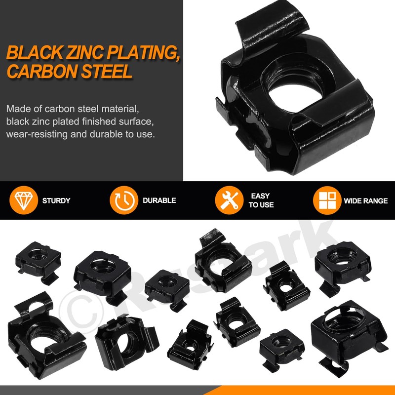 Rustark 48Pcs 6 Sizes Black Carbon Steel Cage Nut Metric