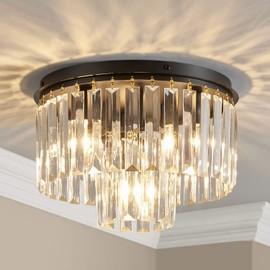 AGV LIGHTING Crystal Ceiling Light Fixture, Modern Semi Flush Ceiling Light, D12 x H8, E12 Base 3-Lights, Black Finish