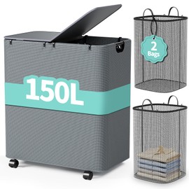 Yecaye 150L Laundry Hamper with Wheels, Rolling Laundry Basket with Lid and 2 Removable Laundry Bag, Large Capacity 2 Section Clothes Hampers for Laundry Room, Bedroom, Bathroom, Dorm, Grey
