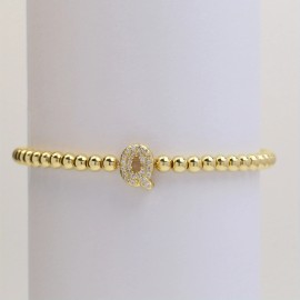 Bohemian Style Beaded Bracelets, Women's Fashion Jewelry, 18K Golden Plated Copper with Rhinestone Letters, Stretchy BeadColor: Gold-Q, Length: 6.3 inch