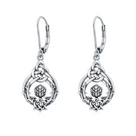 Scottish Thistle Jewelry 925 Sterling Silver Vintage Oxidized Celtic Knot Dangle Drop Leverback Earrings Gifts for Women