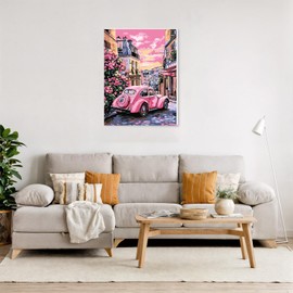 NAIMOER Pink Car Paint by Numbers Kits for Adults Beginner with Wooden Framed, Color by Numbers on Canvas Painting Kits for Adults, Easy Paint DIY Acrylic for Home Wall Decor 12X16 Inch