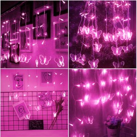 Curtain Butterfly String Light 20Ft 120LED Window USB Fairy Lights 24 Butterfly 8 Modes with Remote Control for Room Bedroom Patio Party Wedding Holiday Christmas Decoration (Pink)