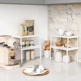 Goozii White Marble Kitchen Counter Shelf Organizer, Modern Dish Plate Organizer for Cabinet Space Saver, Small Wood Stackable 2 Tier Office Desktop Shelf Risers for Books Monitor - Set of 4