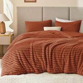 EXQ Home Fluffy Comforter Set Terracotta Queen Size Soft Faux Fur Stripe Jacquard Comforter 3 Pieces Fleece Bedding Set,Winter Warm Bed Set,1 Comforter with 2 Pillowcases