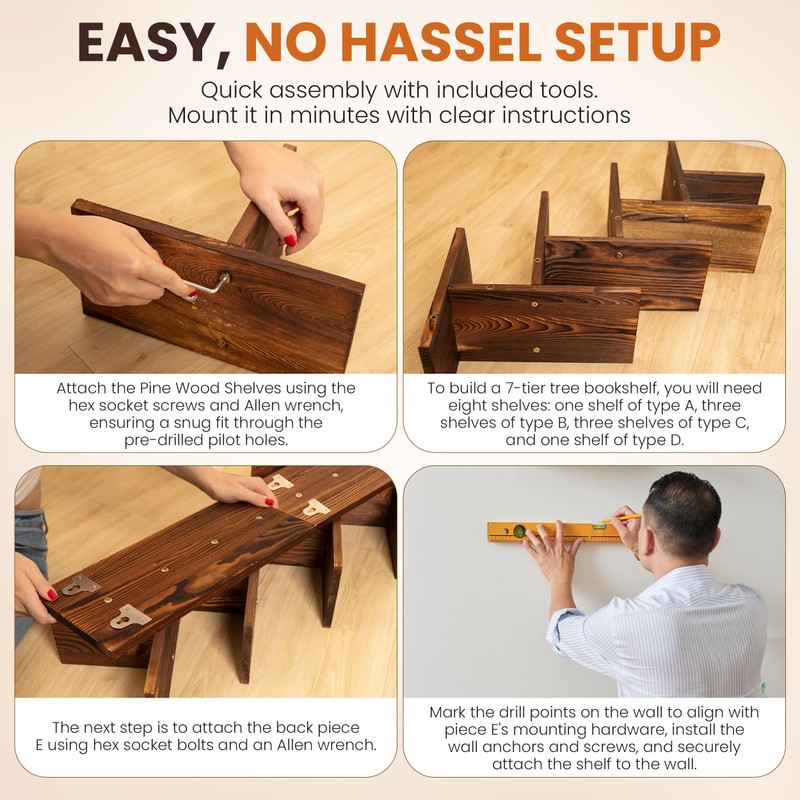 FreshDecor Tree Bookshelf, 7-Tier Wall Mounted Bookshelf Tree – Natural