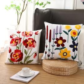 ToRhine Floral Embroidered Throw Pillow Covers with Hidden Zipper, Spring Decorative Cushion Cases for Sofa, Home Decor (Red White Flowers, 18x18in)