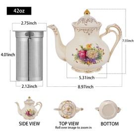 YOLIFE Floral Teapot, 42oz Tea Pot with Removable Staniless Steel Infuser, Blooming and Loose Leaf Teapot, Vintage Ceramic Teapot with Gold Leaf Pattern (Flowering Shrubs)