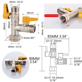 3-Way Diverter Valve Pool, 3-Way Diverter Valve Piece T-piece G 1/2 Brass T-Adapter, Diverter Valve Shower 3 Way, Diverter Valve Rain Shower, Solid Brass, for Kitchen, Bathroom, Orange