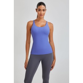 BMJL Athletic Built in Bra Tops Yoga Womens Workout Tank Tops Woman Ribbed Racerback Padded Gym Running Shirts(S,Blue01)