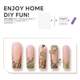 Leopard Print Press on Nails Long Square Fake Nails French Tip False Nails with 3D Jewel Charm Rhinestone Designs Full Cover Acrylic False Nails Glue on Nails Y2K Nails for Women 24 Pcs