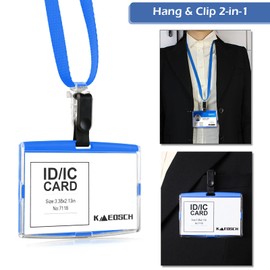 Horizontal Badge Holder with Detachable Breakaway Lanyard, 2 Packs Hard Plastic ID Badge Holder Heavy Duty, KMEOSCH Badge Holder Horizontal Pocket Clip Badge Holder (Holds 2 Card & 1 Clear ID Window)