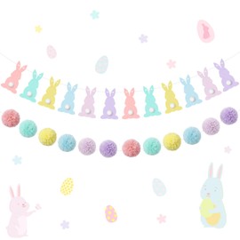 Reallnaive 2 Pcs Pastel Felt Easter Garland for Mantle, 6.6 ft Easter Bunny Banner Decorations Yarn Pom Pom Ball Hanging Banner for Indoor Outdoor Mantle Garden Home Decor