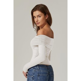 QINSEN Womens Fall Tops Fitted Long Sleeve Top Trendy Off The Shoulder T Shirts Splashed White M