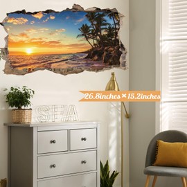 KOKOLAP Sunset Wall Sticker,Beach Wall Decals,3D Broken Wall Sun Beach Wall Stickers,Beach Seascape Wall Decals Peel and Stick,Palm Tree Wall Art Vinyl Sticker for Bedroom Living Room Summer Decor