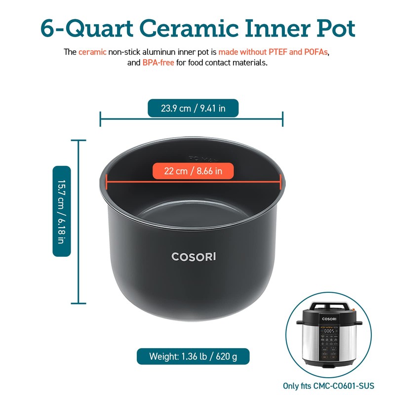 COSORI Pressure Cooker Inner Pot, Compatible with CMC-CO601-SUS Only, Ceramic,