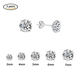 5 Pairs of 925 Sterling Silver Stud Earrings, Zirconia Small Silver Earrings Set, Stud Earrings 925 Silver Rhodium-Plated with Zirconia, Silver Earrings Set, Sparkling Zirconia Stud Earrings for Men