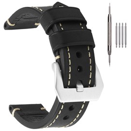 EACHE Black Leather Watch Band, Crazy Horse Genuine Leather Watchbands 22mm Watch Bands,Silver Hardware