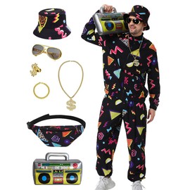 Ezuwail Tracksuit Men's 80s Hip Hop Costume 80s Costume Men's 90s Outfit Men's Costume Men's Carnival Costume 9 Pieces (Black/M)