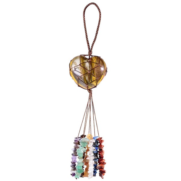 SUNYIK Healing Volcano Cherry Quartz Stone Heart Shape Hanging Ornament, Handmade Tumbled Crystal Stones Tassels Decoration for Garden Car Chakra Balancing