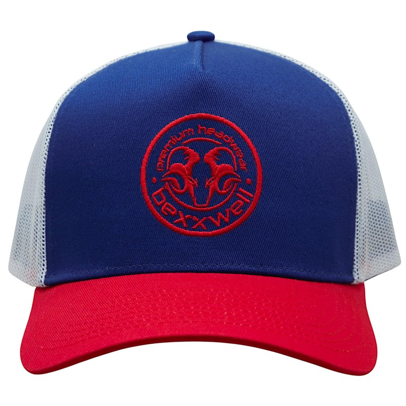 Bexxwell Trucker Cap Blue/White/Red with Logo Patch (Optimal Fit, Cap,