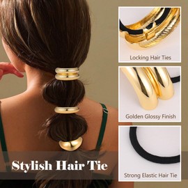 papasgix Metal Hair Ties, Metal Geometric Elastic Hair Ties, Hair Cuff Wrap Hair Ties for Thick Hair Gold Ponytail Cuff Elastic Hair Ties for Women Hair Accessories (Gold Set 01)