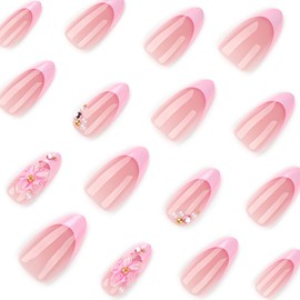 24 Pcs Pink Press on Nails Short Almond Nail Tips,YEFIUO Acrylic Nail Kit Fake Nails Press ons Glue on Nails Full Cover Fall Artificial French False Nails 3D Small Flower Nail Art Design for Women