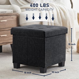 Ornavo Home 15 Inch Folding Storage Ottoman with Storage, Square Cube Linen Small Storage Ottoman Foot Rest Stool with Legs - Black