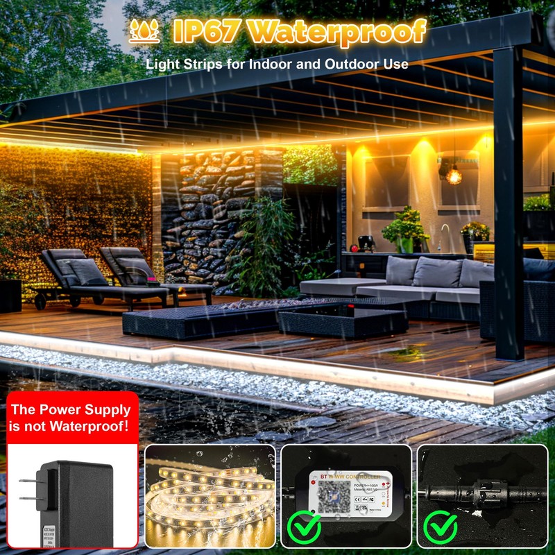Outdoor LED Strip Lights Waterproof IP67, Dimmable 3000K-6500K Warm White