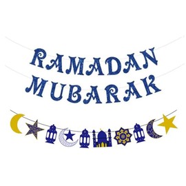 Ramadan Mubarak Blue Glitter Banner, Ramadan Decorations at Home, Islamic Party Decorations