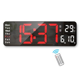 Lafocuse - Reloj de pared digital LED grande con visualización de temperatura, fecha, semana, 13 pulgadas, con control remoto para decoración de sala de estar, atenuador de brillo automático, cuenta
