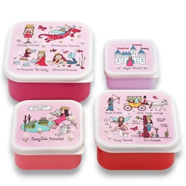 Tyrrell Katz Kids Snack Boxes with Princess Print - Children's 4 Piece Set - Freezer Safe Square Food Storage Containers