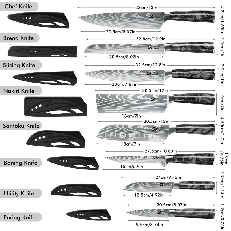 Dfito Chef Knife Sets with Roll Bag, 9 Pieces Professional