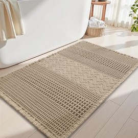 AMOAMI Waffle Bath-Mat, Super Absorbent Bath Mats for Bathroom, Boho Bathroom Rugs Non Slip Washable, Ultra Soft Bathroom-Mat with Tassels Bath Rugs for Bathroom Floor Mat, 20" X 32" Brown